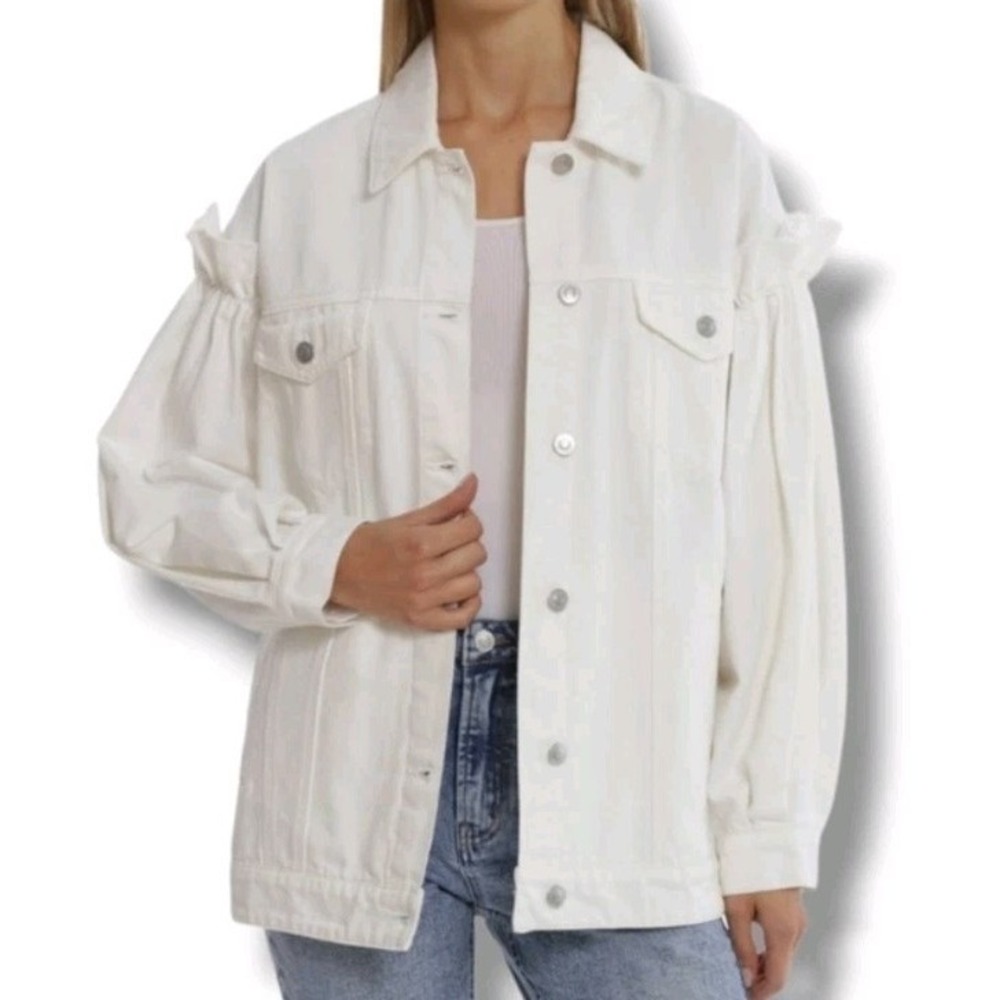Avec Les Filles Ruffled Puff Sleeve Denim Jean Trucker Jacket White 1X Boho‎ NWT